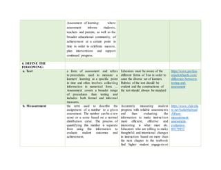  Assessment of learning: where
assessment informs students,
teachers and parents, as well as the
broader educational community, of
achievement at a certain point in
time in order to celebrate success,
plan interventions and support
continued progress.
4. DEFINE THE
FOLLOWING:
a. Test a form of assessment and refers
to procedures used to measure a
learners' learning at a specific point
in time and often involves collecting
information in numerical form. ...
Assessment covers a broader range
of procedures than testing and
includes both formal and informal
measures.
Educators must be aware of the
different forms of Test in order to
cater the diverse set of learners.
Rubrics of the test should be
evident and the constructions of
the test should always be standard
https://www.profess
orjackrichards.com/
difference-between-
testing-and-
assessment
b. Measurement the term used to describe the
assignment of a number to a given
assessment. The number can be a raw
score or a score based on a normal
distribution curve. The process of
quantifying this number is separate
from using this information to
evaluate student outcomes and
achievement.
Accurately measuring student
progress with reliable assessments
and then evaluating the
information to make instruction
more efficient, effective and
interesting is what must do.
Educators who are willing to make
thoughtful and intentional changes
in instruction based on more than
the next chapter in the textbook
find higher student engagement
https://www.slidesha
re.net/SadiaShahzad
Ali/test-
measurement-
assessment-
evaluation-
80179452
 
