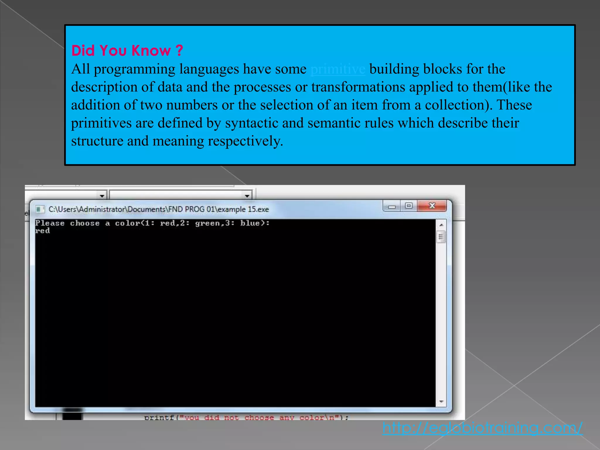 Did You Know ?
All programming languages have some primitive building blocks for the
description of data and the processes or transformations applied to them(like the
addition of two numbers or the selection of an item from a collection). These
primitives are defined by syntactic and semantic rules which describe their
structure and meaning respectively.




                                                    http://eglobiotraining.com/
 