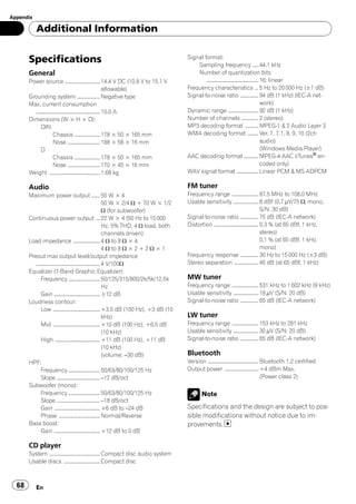 Appendix

           Additional Information


       Specifications                                                                        Signal format:
                                                                                                 Sampling frequency ..... 44.1 kHz
       General                                                                                   Number of quantization bits
       Power source ............................. 14.4 V DC (10.8 V to 15.1 V                        ........................................... 16; linear
                                                               allowable)                    Frequency characteristics ... 5 Hz to 20 000 Hz (±1 dB)
       Grounding system ................... Negative type                                    Signal-to-noise ratio ............... 94 dB (1 kHz) (IEC-A net-
       Max. current consumption                                                                                                                  work)
         ..................................................... 10.0 A                        Dynamic range ......................... 92 dB (1 kHz)
       Dimensions (W × H × D):                                                               Number of channels .............. 2 (stereo)
             DIN                                                                             MP3 decoding format ........... MPEG-1 & 2 Audio Layer 3
                       Chassis ..................... 178 × 50 × 165 mm                       WMA decoding format ......... Ver. 7, 7.1, 8, 9, 10 (2ch
                       Nose ........................... 188 × 58 × 16 mm                                                                         audio)
             D                                                                                                                                   (Windows Media Player)
                       Chassis ..................... 178 × 50 × 165 mm                       AAC decoding format ............ MPEG-4 AAC (iTunes® en-
                       Nose ........................... 170 × 45 × 16 mm                                                                         coded only)
       Weight .......................................... 1.68 kg                             WAV signal format .................. Linear PCM & MS ADPCM

       Audio                                                                                 FM tuner
       Maximum power output ....... 50 W × 4                                                 Frequency range ...................... 87.5 MHz to 108.0 MHz
                                                                50 W × 2/4 W + 70 W × 1/2    Usable sensitivity ..................... 8 dBf (0.7 µV/75 W, mono,
                                                                W (for subwoofer)                                                             S/N: 30 dB)
       Continuous power output ... 22 W × 4 (50 Hz to 15 000                                 Signal-to-noise ratio ............... 75 dB (IEC-A network)
                                                                Hz, 5% THD, 4 W load, both   Distortion ..................................... 0.3 % (at 65 dBf, 1 kHz,
                                                                channels driven)                                                              stereo)
       Load impedance ...................... 4 W to 8 W × 4                                                                                   0.1 % (at 65 dBf, 1 kHz,
                                                                4 W to 8 W × 2 + 2 W × 1                                                      mono)
       Preout max output level/output impedance                                              Frequency response ............... 30 Hz to 15 000 Hz (±3 dB)
          ..................................................... 4 V/100W                     Stereo separation .................... 45 dB (at 65 dBf, 1 kHz)
       Equalizer (7-Band Graphic Equalizer):
              Frequency .......................... 50/125/315/800/2k/5k/12.5k                MW tuner
                                                                Hz                           Frequency range ...................... 531 kHz to 1 602 kHz (9 kHz)
              Gain ...................................... ±12 dB                             Usable sensitivity ..................... 18 µV (S/N: 20 dB)
       Loudness contour:                                                                     Signal-to-noise ratio ............... 65 dB (IEC-A network)
              Low ....................................... +3.5 dB (100 Hz), +3 dB (10
                                                                kHz)                         LW tuner
              Mid ....................................... +10 dB (100 Hz), +6.5 dB           Frequency range ...................... 153 kHz to 281 kHz
                                                                (10 kHz)                     Usable sensitivity ..................... 30 µV (S/N: 20 dB)
              High ..................................... +11 dB (100 Hz), +11 dB             Signal-to-noise ratio ............... 65 dB (IEC-A network)
                                                                (10 kHz)
                                                                (volume: –30 dB)             Bluetooth
       HPF:                                                                                  Version .......................................... Bluetooth 1.2 certified
              Frequency .......................... 50/63/80/100/125 Hz                       Output power ............................ +4 dBm Max.
              Slope .................................... –12 dB/oct                                                                             (Power class 2)
       Subwoofer (mono):
              Frequency .......................... 50/63/80/100/125 Hz                               Note
              Slope .................................... –18 dB/oct
              Gain ...................................... +6 dB to –24 dB                    Specifications and the design are subject to pos-
              Phase .................................. Normal/Reverse                        sible modifications without notice due to im-
       Bass boost:                                                                           provements.
              Gain ...................................... +12 dB to 0 dB

       CD player
       System .......................................... Compact disc audio system
       Usable discs .............................. Compact disc



  68       En
 