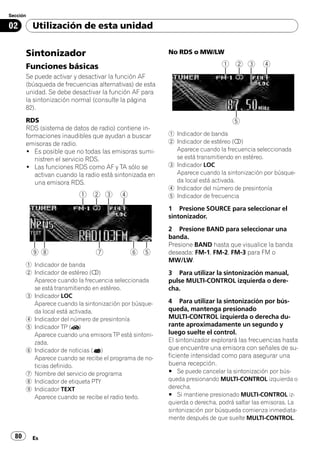 Sección

02        Utilización de esta unidad


       Sintonizador                                     No RDS o MW/LW

       Funciones básicas
       Se puede activar y desactivar la función AF
       (búsqueda de frecuencias alternativas) de esta
       unidad. Se debe desactivar la función AF para
       la sintonización normal (consulte la página
       82).
       RDS
       RDS (sistema de datos de radio) contiene in-
       formaciones inaudibles que ayudan a buscar       1 Indicador de banda
       emisoras de radio.                               2 Indicador de estéreo (5)
       ! Es posible que no todas las emisoras sumi-       Aparece cuando la frecuencia seleccionada
          nistren el servicio RDS.                        se está transmitiendo en estéreo.
       ! Las funciones RDS como AF y TA sólo se         3 Indicador LOC
          activan cuando la radio está sintonizada en     Aparece cuando la sintonización por búsque-
          una emisora RDS.                                da local está activada.
                                                        4 Indicador del número de presintonía
                                                        5 Indicador de frecuencia

                                                        1 Presione SOURCE para seleccionar el
                                                        sintonizador.
                                                        2 Presione BAND para seleccionar una
                                                        banda.
                                                        Presione BAND hasta que visualice la banda
                                                        deseada: FM-1, FM-2, FM-3 para FM o
                                                        MW/LW.
       1 Indicador de banda
       2 Indicador de estéreo (5)                       3 Para utilizar la sintonización manual,
         Aparece cuando la frecuencia seleccionada      pulse MULTI-CONTROL izquierda o dere-
         se está transmitiendo en estéreo.              cha.
       3 Indicador LOC
         Aparece cuando la sintonización por búsque-    4 Para utilizar la sintonización por bús-
         da local está activada.                        queda, mantenga presionado
       4 Indicador del número de presintonía            MULTI-CONTROL izquierda o derecha du-
       5 Indicador TP ( )                               rante aproximadamente un segundo y
         Aparece cuando una emisora TP está sintoni-    luego suelte el control.
         zada.                                          El sintonizador explorará las frecuencias hasta
       6 Indicador de noticias ( )                      que encuentre una emisora con señales de su-
         Aparece cuando se recibe el programa de no-    ficiente intensidad como para asegurar una
         ticias definido.                               buena recepción.
       7 Nombre del servicio de programa                # Se puede cancelar la sintonización por bús-
       8 Indicador de etiqueta PTY                      queda presionando MULTI-CONTROL izquierda o
       9 Indicador TEXT                                 derecha.
         Aparece cuando se recibe el radio texto.       # Si mantiene presionado MULTI-CONTROL iz-
                                                        quierda o derecha, podrá saltar las emisoras. La
                                                        sintonización por búsqueda comienza inmediata-
                                                        mente después de que suelte MULTI-CONTROL.


  80      Es
 