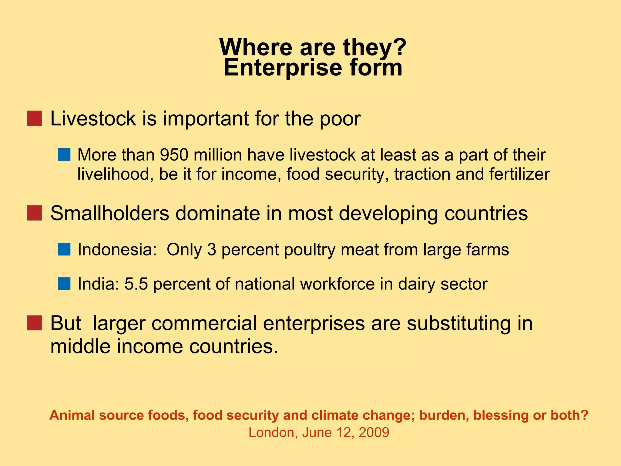 Where are they? Enterprise form Livestock is important for the poor More than 950 million have livestock at least as a part of their livelihood, be it for income, food security, traction and fertilizer Smallholders dominate in most developing countries Indonesia:  Only 3 percent poultry meat from large farms India: 5.5 percent of national workforce in dairy sector But  larger commercial enterprises are substituting in middle income countries. 
