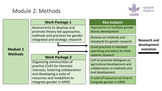 Module 2: Methods
Module 2
Methods
Work Package 1
Work Package 2
Assessments to develop and
promote theory led approaches,
methods and practices for gender
integrated and strategic research
Organizing communities of
practice (CoP) for thematic
interests, fostering collaboration
and developing a suite of
resources and modalities to
integrate gender in AR4D
CoP to promote dialogues on
agricultural development and
collaboration on methods and
tool development
Approaches to facilitate gender
theory development
Key outputs
Research and
development
outcomes
Reviews on methods and
standards for gender research
Good practices in standard
operating procedure for food
systems research
A suite of resources on how to
integrate gender in AR4D
 