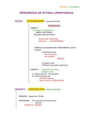CIRUGÍA I . Leo Coscarelli.


    DEHISCENCIAS DE SUTURAS LAPAROTOMICAS


AGUDA       EVISCERACION           ( menos de 30 días)

                                        CONDUCTA
                ABIERTA:
                  ( Se objetiva la dehiscencia )
                      SIMPLE O RETENIDA
                    (No pasa el plano peritoneal )

                           No infectada: RESUTURA
                           Infectada     SACAROTERAPIA



                     COMPLEJA o EVISCERACIÓN PROPIAMENTE DICHA
                     3 grados:
                               I No alcanza la piel
                                  Asa no expuesta
                                  Asa expuesta:
                                                    CIRUGIA

                               II Supera la piel
                               III Exterioriza borde mesenterico

                CUBIERTA       . Depresión de la sutura
                                Lavado de carne
                  I : Cubierta por piel – tcs- peritoneo
                  II: Cubierta solo por piel
                         - CIRUGIA: Resutura
                         - Dejar cronificar: EVENTRACION




CRONICA:     EVENTRACION            ANILLO EVENTRAL



   PRIMARIA: Después de 30 días.

   SECUNDARIA   Por evolución de una evisceración
                    Cubierta.
         CONDUCTA: CIRUGÍA
 