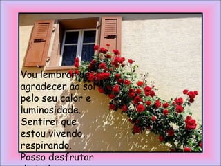 Vou lembrar de
agradecer ao sol
pelo seu calor e
luminosidade.
Sentirei que
estou vivendo,
respirando.
Posso desfrutar
 