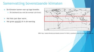  De klimaten komen voor op lage breedte.
 Dit betekend dus rond de evenaar (zie bron)
 Het hele jaar door warm.
 Het grote verschil zit in de neerslag
BRON: https://upload.wikimedia.org/wikipedia/commons/f/fc/World_in_equidistant_cylindrical_projection_with_grids.png
Samenvatting bovenstaande klimaten
 