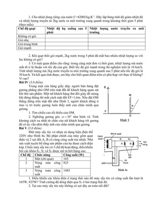 1. Cho nhiệt dung riêng của nước C=4200J/kg.K-1
. Hãy lập bảng tính độ giảm nhiệt độ
và nhiệt lượng truyền từ 2kg nước ra môi trường xung quanh trong khoảng thời gian 5 phút
(theo mẫu)
Chế độ quạt Nhiệt độ hạ xuống sau 5
phút
Nhiệt lượng nước truyền ra môi
trường
Không có gió
Gió nhẹ
Gió trung bình
Gió mạnh
2. Khi quạt thổi gió mạnh, 2kg nước trong 5 phút đã mất bao nhiêu nhiệt lượng so với
lúc không có gió?
3. Có một quan điểm cho rằng: trong cùng một đơn vị thời gian, nhiệt lượng mà nước
mất đi tỉ lệ thuận với tốc độ của gió. Biết tốc độ gió mạnh trong thí nghiệm trên là 10 km/h.
Tính nhiệt lượng mà 2kg nước truyền ra môi trường xung quanh sau 5 phút nếu tốc độ gió là
30 km/h. Từ kết quả tính được, em hãy cho biết quan điểm trên có phù hợp với thực tế không?
Vì sao?
Bài IV (3,0 điểm).
Trong một cửa hàng giầy dép, người bán hàng đặt
gương phẳng nhỏ OM trên mặt đất để khách hàng quan sát
khi thử sản phẩm. Một nữ khách hàng thử đôi giày đế mỏng
khi đứng thẳng thì mắt cách mặt đất EF=1,6m. Nếu đặt OM
thẳng đứng trên mặt đất như Hình 3, người khách đứng ở
mọi vị trí trước gương luôn thấy ảnh của chân mình qua
gương.
1. Tìm chiều cao tối thiểu của OM.
2. Nghiêng gương góc 0
30
 = như hình vẽ. Tính
khoảng cách xa nhất từ chân của nữ khách hàng tới gương
để cô ấy vẫn nhìn thấy ảnh của chân mình qua gương.
Bài V (5,0 điểm).
Một máy sấy tóc vỏ nhựa sử dụng hiệu điện thế
220V như Hình 4a. Bộ phận chính của máy gồm quạt
điện và 2 sợi đốt A, B có cùng công suất tỏa nhiệt. Nhà
sản xuất tuyên bố rằng sản phẩm của họ được cách điện
kép. Chiếc máy sấy tóc có 3 chế độ hoạt động, điều khiển
bởi các khóa S1, S2 và S3 được mô tả bởi bảng sau:
Chế độ Chức năng Công suất (W)
1 Mát (chỉ quạt) 165
2 Nóng nửa công
suất
825
3 Nóng toàn công
suất
1485
1. Điều khiển các khóa điện ở trạng thái nào để máy sấy tóc có công suất lần lượt là
165W, 825W? Tính cường độ dòng điện qua S3 ở hai trạng thái đó.
2. Tại sao máy sấy tóc này không có sợi dây an toàn nối đất?
 