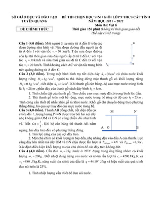 SỞ GIÁO DỤC VÀ ĐÀO TẠO
TUYÊN QUANG
ĐỀ CHÍNH THỨC
ĐỀ THI CHỌN HỌC SINH GIỎI LỚP 9 THCS CẤP TỈNH
NĂM HỌC 2021 – 2022
Môn thi: Vật lí
Thời gian 150 phút (không kể thời gian giao đề)
(Đề này có 02 trang)
Câu 1 (4,0 điểm). Một người đi xe máy từ A đến B trên các
đoạn đường như hình vẽ. Nửa đoạn đường đầu người ấy đi
từ A đến I với vận tốc 1 50
v = km/h. Trên nửa đoạn đường
còn lại thì thời gian nửa đầu người ấy đi từ I đến C với vận
tốc 2 30
v = km/h và nửa thời gian sau đi từ C đến B với vận
tốc 3 20
v = km/h. Tính khoảng cách AC và vận tốc trung bình
trên quãng đường từ A đến C.
Câu 2 (3,0 điểm). Trong một bình hình trụ tiết diện đáy 2
1 30
S cm
= có chứa nước khối
lượng riêng 3
1 1 /
D g cm
= , người ta thả thẳng đứng một thanh gỗ có khối lượng riêng
3
2 0,8 /
D g cm
= , tiết diện 2
2 10
S cm
= . Khi thanh gỗ cân bằng, độ cao mực nước trong bình
là 1 25
h cm
= , phần đáy của thanh gỗ cách đáy bình 2 5
h cm
= .
1. Tính chiều dài của thanh gỗ. Tìm chiều cao mực nước đã có trong bình lúc đầu.
2. Thả thanh gỗ trên một bể rộng, mực nước trong bể rộng có độ cao 1 25
h cm
= .
Tính công cần thiết để nhấc khối gỗ ra khỏi nước. Khối gỗ chỉ chuyển động theo phương
thẳng đứng, bỏ qua sự thay đổi của mực nước trong bể.
Câu 3 (4,0 điểm). Thanh AB đồng chất, tiết diện đều có
chiều dài , trọng lượng P=4N được treo bởi hai sợi dây
nhẹ không giãn OM và BN có cùng chiều dài như hình
vẽ. Biết
3
OA = . Khi hệ cân bằng thì thanh AB nằm
ngang, hai dây treo đều có phương thẳng đứng.
1. Tìm lực căng của các sợi dây treo.
2. Một chú chim có khối lượng m bay đến, nhẹ nhàng đậu vào đầu A của thanh. Lực
căng dây lớn nhất mà dây OM và BN chịu được lần lượt là max 4
OM
T N
= và max 1,5
BN
T N
= .
Xác định điều kiện khối lượng m của chú chim để các dây treo không đứt.
Câu 4 (4,0 điểm). Cần đun 1 2
m kg
= nước ở 0
20 C đựng trong ống bằng nhôm có khối
lượng 2 200
m g
= . Biết nhiệt dung riêng của nước và nhôm lần lượt là 1 4200
c = J/kg.K và
2 880
c = J/kg.K; năng suất tỏa nhiệt của dầu là 6
44.10
q = J/kg và hiệu suất của quá trình
đun nói trên là 25%.
1. Tính nhiệt lượng cần thiết để đun sôi nước.
 