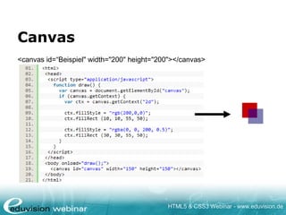 HTML5 & CSS3 Webinar - www.eduvision.de
Canvas
<canvas id=“Beispiel" width="200" height="200"></canvas>
 