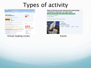 Types of activity




Virtual reading circles       Events
 