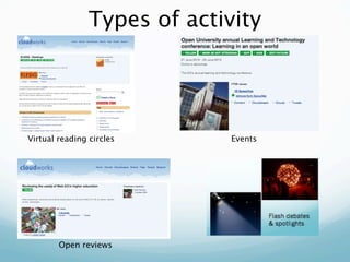 Types of activity




Virtual reading circles       Events




        Open reviews
 