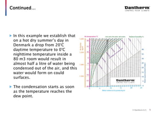 © Dantherm A/S
Continued…
5
In this example we establish that
on a hot dry summer’s day in
Denmark a drop from 20°C
daytime temperature to 0°C
nighttime temperature inside a
80 m3 room would result in
almost half a litre of water being
condensed out of the air, and this
water would form on could
surfaces.
The condensation starts as soon
as the temperature reaches the
dew point.
 
