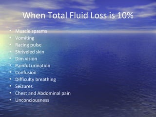 When Total Fluid Loss is 10%
•   Muscle spasms
•   Vomiting
•   Racing pulse
•   Shriveled skin
•   Dim vision
•   Painful urination
•   Confusion
•   Difficulty breathing
•   Seizures
•   Chest and Abdominal pain
•   Unconciousness
 
