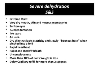 Severe dehydration
                          S&S
•   Extreme thirst
•   Very dry mouth, skin and mucous membranes
•   Sunken eyes
•   Sunken fontanels
•   No tears
•   An urea
•   Dry skin that lacks elasticity and slowly “bounces back” when
    pinched into a fold
•   Rapid heartbeat
•   Rapid and shallow breath
•   Unconsciousness
•   More than 10 % of body Weight is loss
•   Delay Capillary refill for more than 2 seconds
 