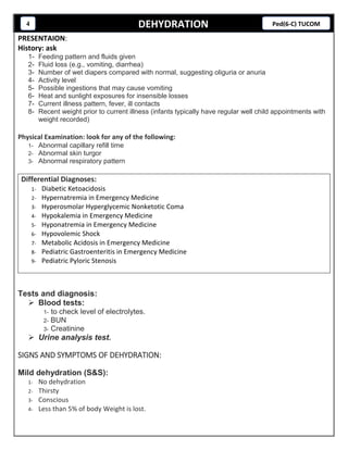DEHYDRATION4 Ped(6-C) TUCOM
PRESENTAION:
History: ask
1- Feeding pattern and fluids given
2- Fluid loss (e.g., vomiting, diarrhea)
3- Number of wet diapers compared with normal, suggesting oliguria or anuria
4- Activity level
5- Possible ingestions that may cause vomiting
6- Heat and sunlight exposures for insensible losses
7- Current illness pattern, fever, ill contacts
8- Recent weight prior to current illness (infants typically have regular well child appointments with
weight recorded)
Physical Examination: look for any of the following:
1- Abnormal capillary refill time
2- Abnormal skin turgor
3- Abnormal respiratory pattern
Differential Diagnoses:
1- Diabetic Ketoacidosis
2- Hypernatremia in Emergency Medicine
3- Hyperosmolar Hyperglycemic Nonketotic Coma
4- Hypokalemia in Emergency Medicine
5- Hyponatremia in Emergency Medicine
6- Hypovolemic Shock
7- Metabolic Acidosis in Emergency Medicine
8- Pediatric Gastroenteritis in Emergency Medicine
9- Pediatric Pyloric Stenosis
Tests and diagnosis:
 Blood tests:
1- to check level of electrolytes.
2- BUN
3- Creatinine
 Urine analysis test.
SIGNS AND SYMPTOMS OF DEHYDRATION:
Mild dehydration (S&S):
1- No dehydration
2- Thirsty
3- Conscious
4- Less than 5% of body Weight is lost.
 