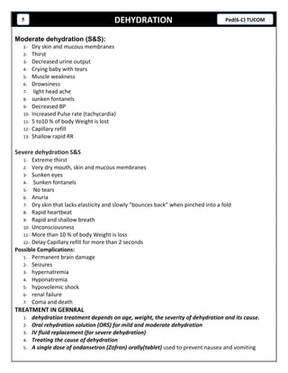 DEHYDRATION5 Ped(6-C) TUCOM
Moderate dehydration (S&S):
1- Dry skin and mucous membranes
2- Thirst
3- Decreased urine output
4- Crying baby with tears
5- Muscle weakness
6- Drowsiness
7- light head ache
8- sunken fontanels
9- Decreased BP
10- Increased Pulse rate (tachycardia)
11- 5 to10 % of body Weight is lost
12- Capillary refill
13- Shallow rapid RR
Severe dehydration S&S
1- Extreme thirst
2- Very dry mouth, skin and mucous membranes
3- Sunken eyes
4- Sunken fontanels
5- No tears
6- Anuria
7- Dry skin that lacks elasticity and slowly “bounces back” when pinched into a fold
8- Rapid heartbeat
9- Rapid and shallow breath
10- Unconsciousness
11- More than 10 % of body Weight is loss
12- Delay Capillary refill for more than 2 seconds
Possible Complications:
1- Permanent brain damage
2- Seizures
3- hypernatremia
4- Hyponatremia
5- hypovolemic shock
6- renal failure
7- Coma and death
TREATMENT IN GERNRAL
1- dehydration treatment depends on age, weight, the severity of dehydration and its cause.
2- Oral rehydration solution (ORS) for mild and moderate dehydration
3- IV fluid replacement (for severe dehydration)
4- Treating the cause of dehydration
5- A single dose of ondansetron (Zofran) orally(tablet) used to prevent nausea and vomiting
 