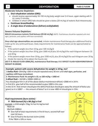 DEHYDRATION7 Ped(6-C) TUCOM
Moderate Volume Depletion:
1- Oral rehydration solution (ORS):
 should receive approximately 50-100 mL/kg body weight over 2-4 hours, again starting with 5
mL every 5 minutes.
 Children in whom ORS fails should be given a bolus (20 mL/kg) of isotonic fluid intravenously.
2- Continues breastfeeding.
3- A single dose of ondansetron (Zofran) orally(tablet)
Severe Volume Depletion:
BOLUS intravenous isotonic fluid boluses (20-60 mL/kg) (NOTE: Fluid boluses should be repeated until vital
signs, perfusion, and capillary refill have normalized)
Once vital sign abnormalities are corrected, initiate maintenance fluid therapy plus additional fluid to
make up for any continued losses. Daily requirements for maintenance fluids can be approximated as
follows:
 If the patient weighs less than 10 kg, give 100 mL/kg/d
 If the patient weighs less than 20 kg, give 1000 mL/d plus 50 mL/kg/d for each kilogram between 10
and 20 kg
 If the patient weighs more than 20 kg, give 1500 mL/d, plus 20 mL/kg/d for each kilogram over 20 kg
 Divide the total by 24 to obtain the hourly rate
(SO IT IS: BOLUS FLUID=20ML/KG, maintenance fluid therapy AND DIFICET FLUID=%DEHYDRATION BY
WEIGHT IN GRAM)
Fluid requirements (burn victim):
 TBSA burned (%) x Wt.(kg) x 4 ml
example: a child weighs 15kg, he has his leg burned
TBSA=18
18x15x4=1080ml.
 Give half of total requirements in first 8 hours, second half over
next 16 hours.
 Give IV fluid to the burned victim (child)
If the TBSA is 10% or more.
Example: patient with severe dehydration his weight is 10 kg. mx?
1-bollus fluid =20ml/kg =200 ml should repeated every 30 min until vital signs, perfusion, and
capillary refill have normalized.
2- Maintenance fluid: his weight is 10, so 100 ml/kg = 1000 ml
3-dificet fluid = 10/100 x 10000=1000 ml
You should give him in all of the above (bollus+maintenece+dificet) =2000 ml in 24 hr.
In first 8 hr. give half of the recommended so give 1000 in this case
In the 15 hr. that remain should give the deficit fluid (but should give away the amount of bolus you
given) so it is 1000? ---- the amount of bolus? so it is now =800 ml should give in 15hr.
 