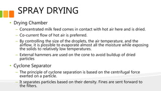 SPRAY DRYING
• Drying Chamber
– Concentrated milk feed comes in contact with hot air here and is dried.
– Co-current flow of hot air is preferred.
– By controlling the size of the droplets, the air temperature, and the
airflow, it is possible to evaporate almost all the moisture while exposing
the solids to relatively low temperatures.
– External hammers are used on the cone to avoid buildup of dried
particles
• Cyclone Separator
– The principle of cyclone separation is based on the centrifugal force
exerted on a particle.
– It separates particles based on their density. Fines are sent forward to
the filters.
 