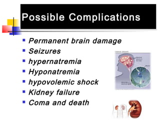 Possible ComplicationsPossible Complications
 Permanent brain damage
 Seizures
 hypernatremia
 Hyponatremia
 hypovolemic shock
 Kidney failure
 Coma and death
 