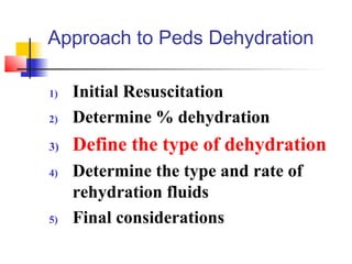 Approach to Peds Dehydration
1) Initial Resuscitation
2) Determine % dehydration
3) Define the type of dehydration
4) Determine the type and rate of
rehydration fluids
5) Final considerations
 