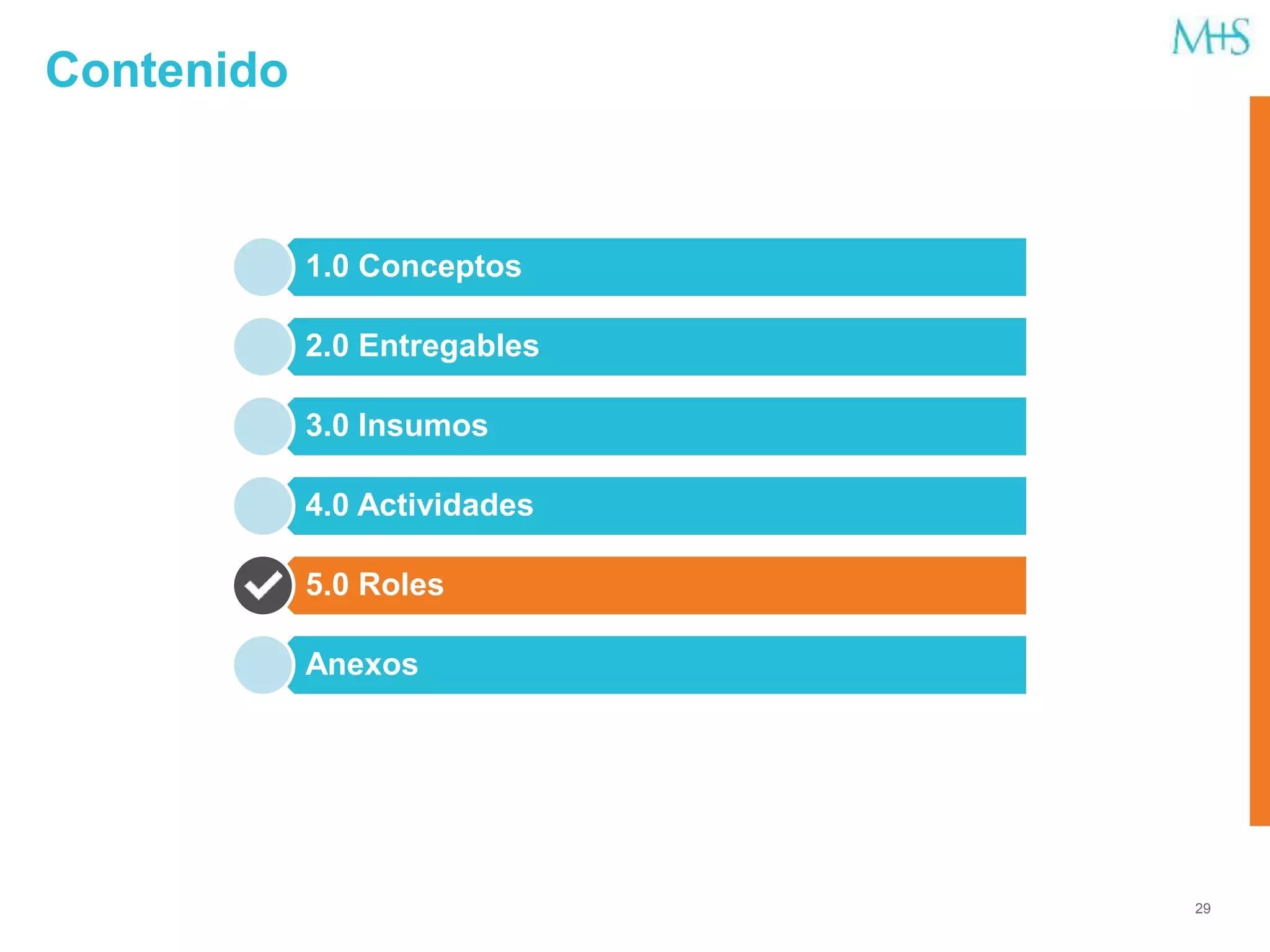 1.0 Conceptos
2.0 Entregables
3.0 Insumos
4.0 Actividades
5.0 Roles
Anexos
29
Contenido
 