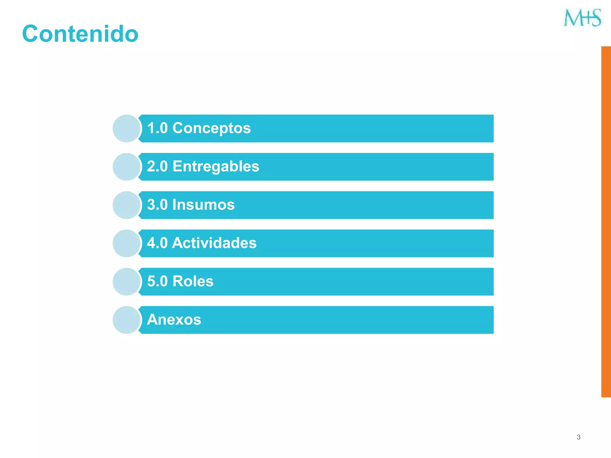 1.0 Conceptos
2.0 Entregables
3.0 Insumos
4.0 Actividades
5.0 Roles
Anexos
3
Contenido
 