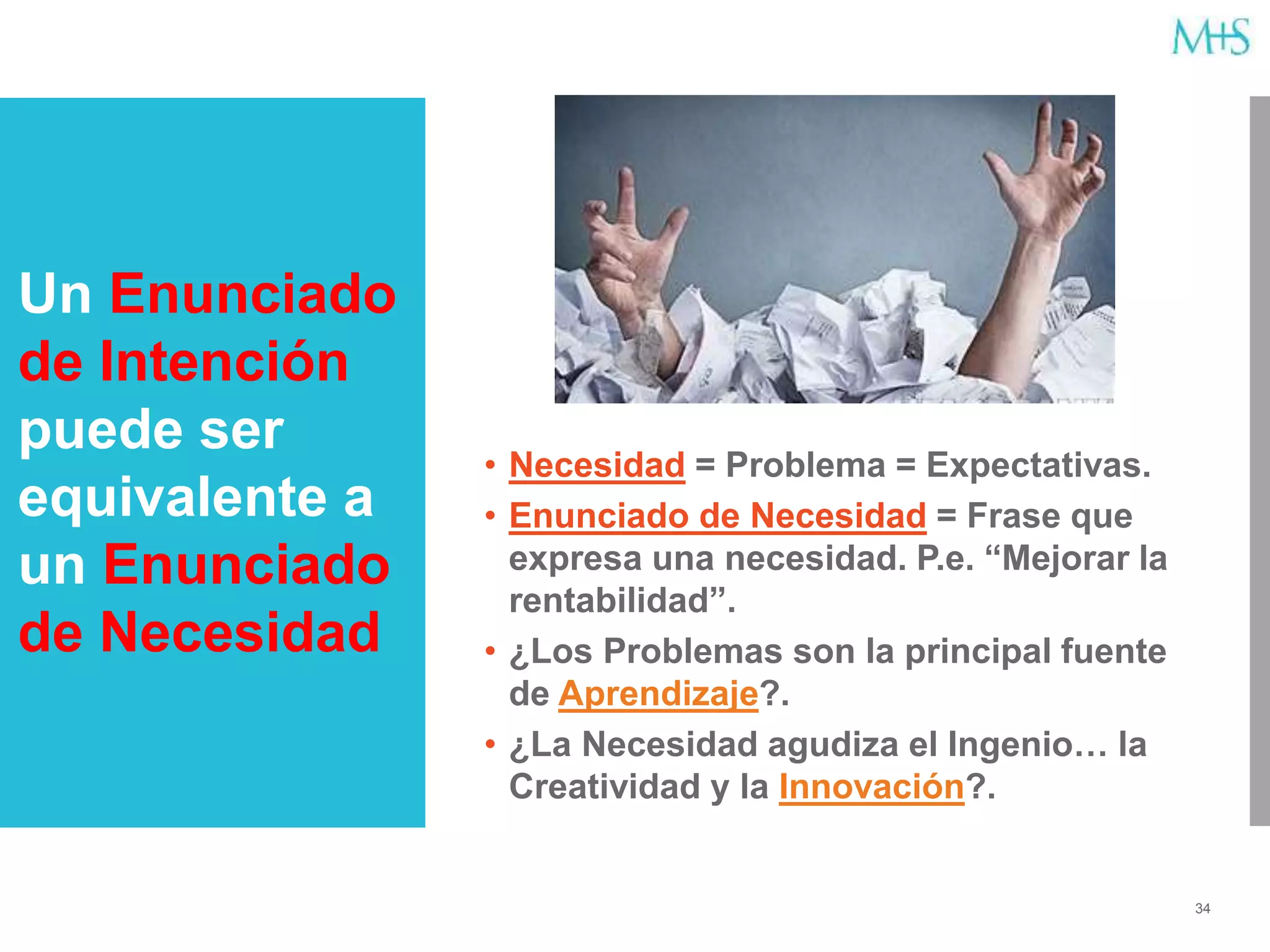 34
• Necesidad = Problema = Expectativas.
• Enunciado de Necesidad = Frase que
expresa una necesidad. P.e. “Mejorar la
rentabilidad”.
• ¿Los Problemas son la principal fuente
de Aprendizaje?.
• ¿La Necesidad agudiza el Ingenio… la
Creatividad y la Innovación?.
Un Enunciado
de Intención
puede ser
equivalente a
un Enunciado
de Necesidad
 