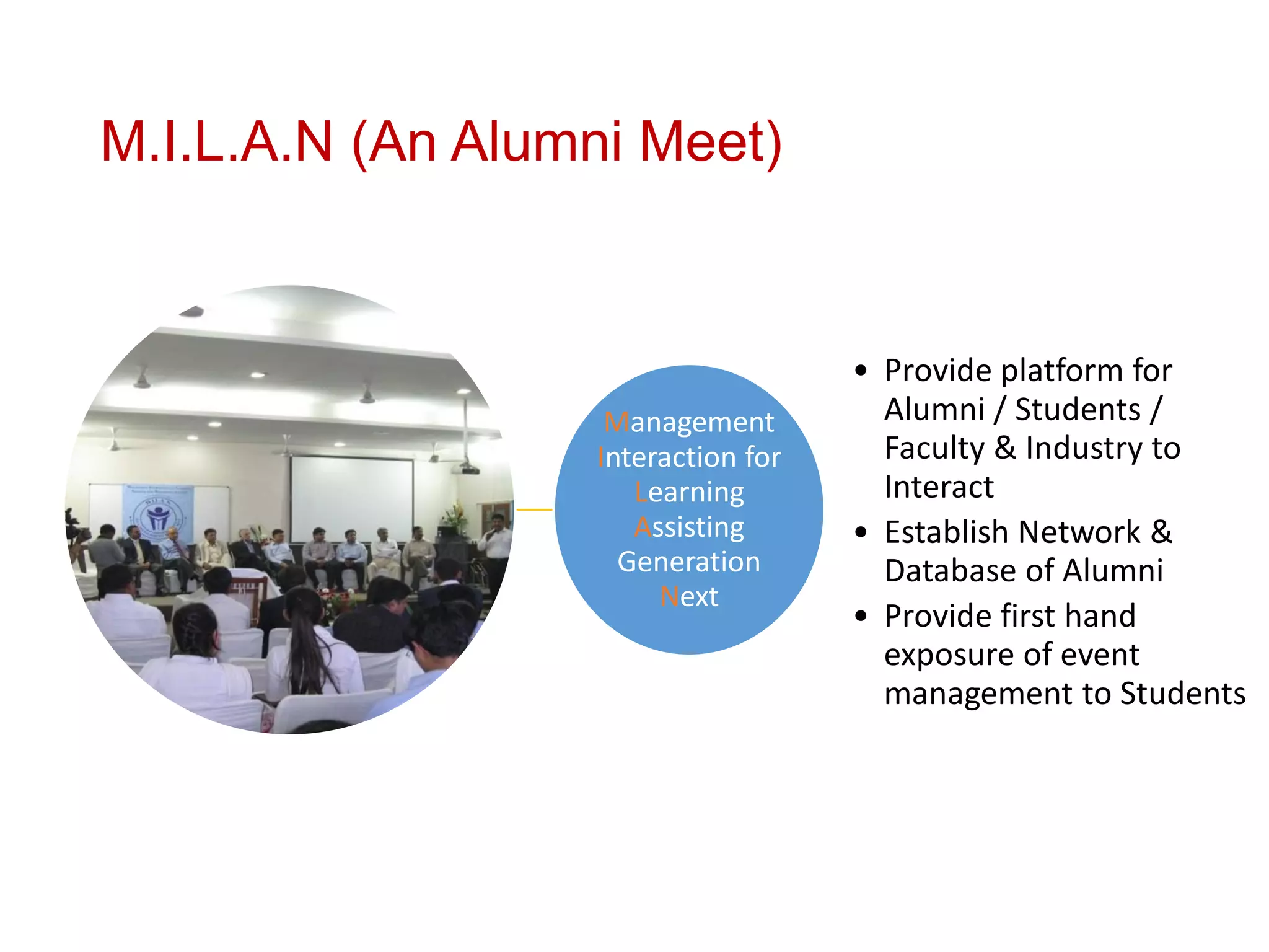 M.I.L.A.N (An Alumni Meet)
Management
Interaction for
Learning
Assisting
Generation
Next
• Provide platform for
Alumni / Students /
Faculty & Industry to
Interact
• Establish Network &
Database of Alumni
• Provide first hand
exposure of event
management to Students
 