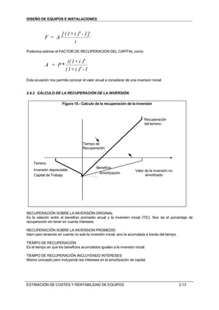 DISEÑO DE EQUIPOS E INSTALACIONES



                  [ ( 1+ i )n - 1 ]
           F = A·
                         i
Podemos estimar el FACTOR DE RECUPERACION DEL CAPITAL como:

                    i( 1+ i )n
            A = P*
                   ( 1+ i )n - 1
Esta ecuación nos permite conocer el valor anual a considerar de una inversion inicial.


2.4.2 CÁLCULO DE LA RECUPERACIÓN DE LA INVERSIÓN.

                       Figura 15.- Calculo de la recuperación de la inversión



                                                                            Recuperación
                                                                            del terreno




                                    Tiempo de
                                    Recuperación



    Terreno
                                             Beneficio
    Inversión depreciable                                             Valor de la inversión no
                                              Amortización
    Capital de Trabajo                                                      amortizado




RECUPERACIÓN SOBRE LA INVERSIÓN ORIGINAL
Es la relación entre el beneficio promedio anual y la inversión inicial (TIC). Nos da el porcentaje de
recuperación sin tener en cuenta intereses

RECUPERACIÓN SOBRE LA INVERSION PROMEDIO
Idem pero teniendo en cuenta no solo la inversión inicial, sino la acumulada a través del tiempo.

TIEMPO DE RECUPERACIÓN
Es el tiempo en que los beneficios acumulados igualan a la inversión inicial.

TIEMPO DE RECUPERACIÓN INCLUYENDO INTERESES
Mismo concepto pero incluyendo los intereses en la amortización de capital.




ESTIMACIÓN DE COSTES Y RENTABILIDAD DE EQUIPOS                                                      2.13
 
