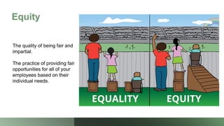 Equity
The quality of being fair and
impartial.
The practice of providing fair
opportunities for all of your
employees based on their
individual needs.
 