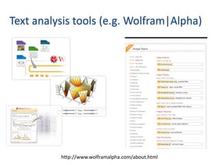 Text analysis tools (e.g. Wolfram|Alpha)




          http://www.wolframalpha.com/about.html
 
