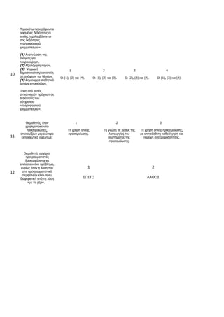 10
Παξαθάησ πεξηγξάθνληαη
νξηζκέλεο δεμηόηεηεο νη
νπνίεο πεξηιακβάλνληαη
ζηηο δεμηόηεηεο
«πιεξνθνξηθνύ
γξακκαηηζκνύ»:
(1) Αλαγλώξηζε ηεο
αλάγθεο γηα
πιεξνθόξεζε.
(2) Αμηνιόγεζε πεγώλ.
(3) Ψεθηαθή
δεκνζηνπνίεζε/θνηλνπνίε
ζε απόςεσλ θαη ζέζεσλ.
(4) Γεκηνπξγία αηζζεηηθά
άξηησλ ηζηνζειίδσλ.
Πνηεο από απηέο
αληηζηνηρνύλ πξάγκαηη ζε
δεμηόηεηεο ηνπ
ζύγρξνλνπ
«πιεξνθνξηθνύ
γξακκαηηζκνύ»;
1
Οη (1), (2) θαη (4).
2
Οη (1), (2) θαη (3).
3
Οη (2), (3) θαη (4).
4
Οη (1), (3) θαη (4).
11
Οη καζεηέο, όηαλ
ρξεζηκνπνηνύληαη
πξνζνκνηώζεηο,
απνθνκίδνπλ κεγαιύηεξα
εθπαηδεπηηθά νθέιε κε:
1
Τε ρξήζε απιήο
πξνζνκνίσζεο.
2
Τε γλώζε ζε βάζνο ηεο
ιεηηνπξγίαο ηνπ
ζπζηήκαηνο ηεο
πξνζνκνίσζεο.
3
Τε ρξήζε απιήο πξνζνκνίσζεο,
κε επηπξόζζεηε θαζνδήγεζε θαη
παξνρή αλαηξνθνδόηεζεο.
12
Οη καζεηέο αξράξηνη
πξνγξακκαηηζηέο
δπζθνιεύνληαη λα
επηιύζνπλ έλα πξόβιεκα,
θπξίσο όηαλ ε ιύζε ηνπ
ζην πξνγξακκαηηζηηθό
πεξηβάιινλ είλαη πνιύ
δηαθνξεηηθή από ηε ιύζε
«κε ην ρέξη».
1
ΣΩΣΤΟ
2
ΛΑΘΟΣ
 