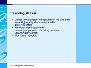 Teknologisk akse Unngå teknologistøy. Infrastrukturen må ikke bare være tilgjengelig, den må også virke. Tidstyvdebatten Profesjonaliseringsbehov? Innovasjon gjennom overrisling nedover i utdanningssystemet? Mot større mangfold? Kunnskapsdepartementet 