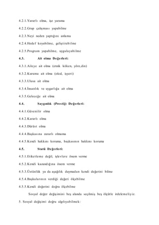 4.2.1.Yararlı olma, işe yarama
4.2.2.Grup çalışması yapabilme
4.2.3.Neyi neden yaptığını anlama
4.2.4.Hedef koyabilme, geliştirebilme
4.2.5.Program yapabilme, uygulayabilme
4.3. Ait olma Değerleri:
4.3.1.Aileye ait olma (etnik köken, yöre,din)
4.3.2.Kuruma ait olma (okul, işyeri)
4.3.3.Ulusa ait olma
4.3.4.İnsanlık ve uygarlığa ait olma
4.3.5.Geleceğe ait olma
4.4. Saygınlık (Prestij) Değerleri:
4.4.1.Güvenilir olma
4.4.2.Kararlı olma
4.4.3.Dürüst olma
4.4.4.Başkasına zararlı olmama
4.4.5.Kendi hakkını koruma, başkasının hakkını koruma
4.5. Statü Değerleri:
4.5.1.Etiketleme değil, işlevlere önem verme
4.5.2.Kendi kazandığına önem verme
4.5.3.Üstünlük ya da aşağılık duymadan kendi değerini bilme
4.5.4.Başkalarının verdiği değeri ölçebilme
4.5.5.Kendi değerini doğru ölçebilme
Sosyal değer değişimini beş alanda seçilmiş beş ölçütle irdelemeliyiz.
5. Sosyal değişimi doğru algılıyabilmek:
 