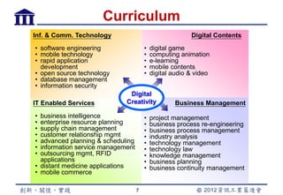 Curriculum
Inf. & Comm. Technology                                  Digital Contents
• software engineering                 •   digital game
• mobile technology                    •   computing animation
• rapid application                    •   e-learning
  development                          •   mobile contents
• open source technology               •   digital audio & video
• database management
• information security
                              Digital
IT Enabled Services          Creativity            Business Management
• business intelligence                •   project management
• enterprise resource planning         •   business process re-engineering
• supply chain management              •   business process management
• customer relationship mgmt           •   industry analysis
• advanced planning & scheduling       •   technology management
• information service management       •   technology law
• outsourcing mgmt, RFID               •   knowledge management
  applications                         •   business planning
• distant medicine applications        •   business continuity management
• mobile commerce

                                   7
 