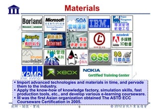 Materials




 Import advanced technologies and materials in time, and pervade
  them to the industry.
 Apply the know-how of knowledge factory, simulation skills, fast
  production tools, etc., and develop various e-learning courseware.
 III was the first Asian organization obtained The ASTD ECC
  Courseware Certification in 2005.
                                 9
 