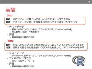 目的 反応ツイートに基づいて正しくクラスタリングできるか
方法 テストデータに対して提案手法に沿ってクラスタリングを行う
実験１
実験
• テストデータ
- 著者のお気に入りした中のリプライ数が10以上のツイート(117件)
- 反応数10~405件 平均約65件
• 評価
- 著者自身が主観的に判断
19
目的 クラスタリングで得られたカテゴリに正しくフィルタリングできるか
方法 実験１で得られた最も良いクラスタを利用して、テストデータを分類
実験2
• テストデータ
- ツイッターに投稿されたリプライ数が10件以上のツイート(15件)
• フィルタリング方法
- ニューラルネットワーク
• 評価
- 著者自身が主観的に判断
 
