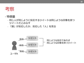考察
• 特徴量
- 同じ人が同じように反応するツイートは同じような印象を持つ
ツイートだとみなす
- 「誰」が反応したか、反応した「人」を見る
23
ツイート
ツイート
ツイート
反応
ユーザA
反応
反応
同じような反応であれば
同じような印象を持つツイート
 
