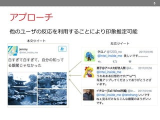 アプローチ
5
本文ツイート
反応ツイート
他のユーザの反応を利用することにより印象推定可能
 