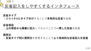 反省記⼊をしやすくするインタフェース
反省タイプ
・反省を4つにタイプ分けすることで多⾓的な反省を促進
反省項⽬
・上の項⽬から順番に記⼊してもらうことで⼀貫した反省を促進
質問⽂
・反省タイプ別に質問⽂を変更することでより具体的な反省記⼊を促進
11/28
 