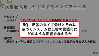 反省記⼊をしやすくするインタフェース
反省タイプ
・反省を4つにタイプ分けすることで多⾓的な反省を促進
反省項⽬
・上の項⽬から順番に記⼊してもらうことで⼀貫した反省を促進
質問⽂
・反省タイプ別に質問⽂を変更することでより具体的な反省記⼊を促進
11/28
RQ：反省のタイプ分けとそれに
基づくシステムは反省の⾔語化に
どのような影響を与えるか
 