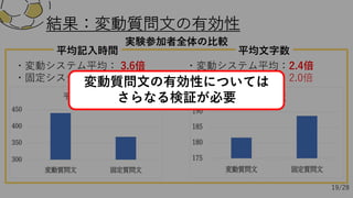 結果：変動質問⽂の有効性
・変動システム平均：2.4倍
・固定システム平均：2.0倍
・変動システム平均： 3.6倍
・固定システム平均： 2.7倍
実験参加者全体の⽐較
平均⽂字数
平均記⼊時間
19/28
変動質問⽂の有効性については
さらなる検証が必要
 