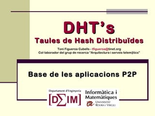 DHT’s Taules de Hash Distribuïdes Toni Figueroa Cubells -  tfigueroa@ tinet.org Col·laborador del grup de recerca “Arquitectura i serveis telemàtics” Base de les aplicacions P2P 