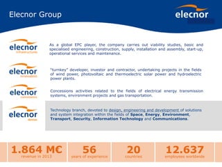 As a global EPC player, the company carries out viability studies, basic and
specialised engineering, construction, supply, installation and assembly, start-up,
operational services and maintenance.
“turnkey” developer, investor and contractor, undertaking projects in the fields
of wind power, photovoltaic and thermoelectric solar power and hydroelectric
power plants.
Concessions activities related to the fields of electrical energy transmission
systems, environment projects and gas transportation.
Technology branch, devoted to design, engineering and development of solutions
and system integration within the fields of Space, Energy, Environment,
Transport, Security, Information Technology and Communications.
1.864 M€revenue in 2013
12.637employees worldwide
56years of experience
20countries
Elecnor Group
 