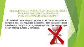 ¿QUÉ RESPUESTA TENDRÍA UN ESTUDIANTE DE PRIMER 
SEMESTRE QUE DESEE CAMBIARSE DE 
PROGRAMA ACADÉMICO (CARRERA).? 
- Su solicitud seria negada, ya que en el primer semestre no 
cumpliría con los requisitos necesarios para realizarse dicha 
transferencia, porque en el reglamento estudiantil se estipula que 
deben haberse cursado 2 semestres. 
 