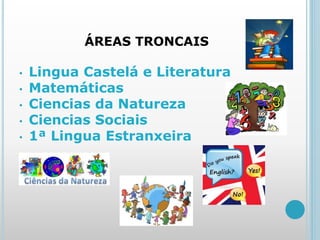 ÁREAS TRONCAIS
• Lingua Castelá e Literatura
• Matemáticas
• Ciencias da Natureza
• Ciencias Sociais
• 1ª Lingua Estranxeira
 