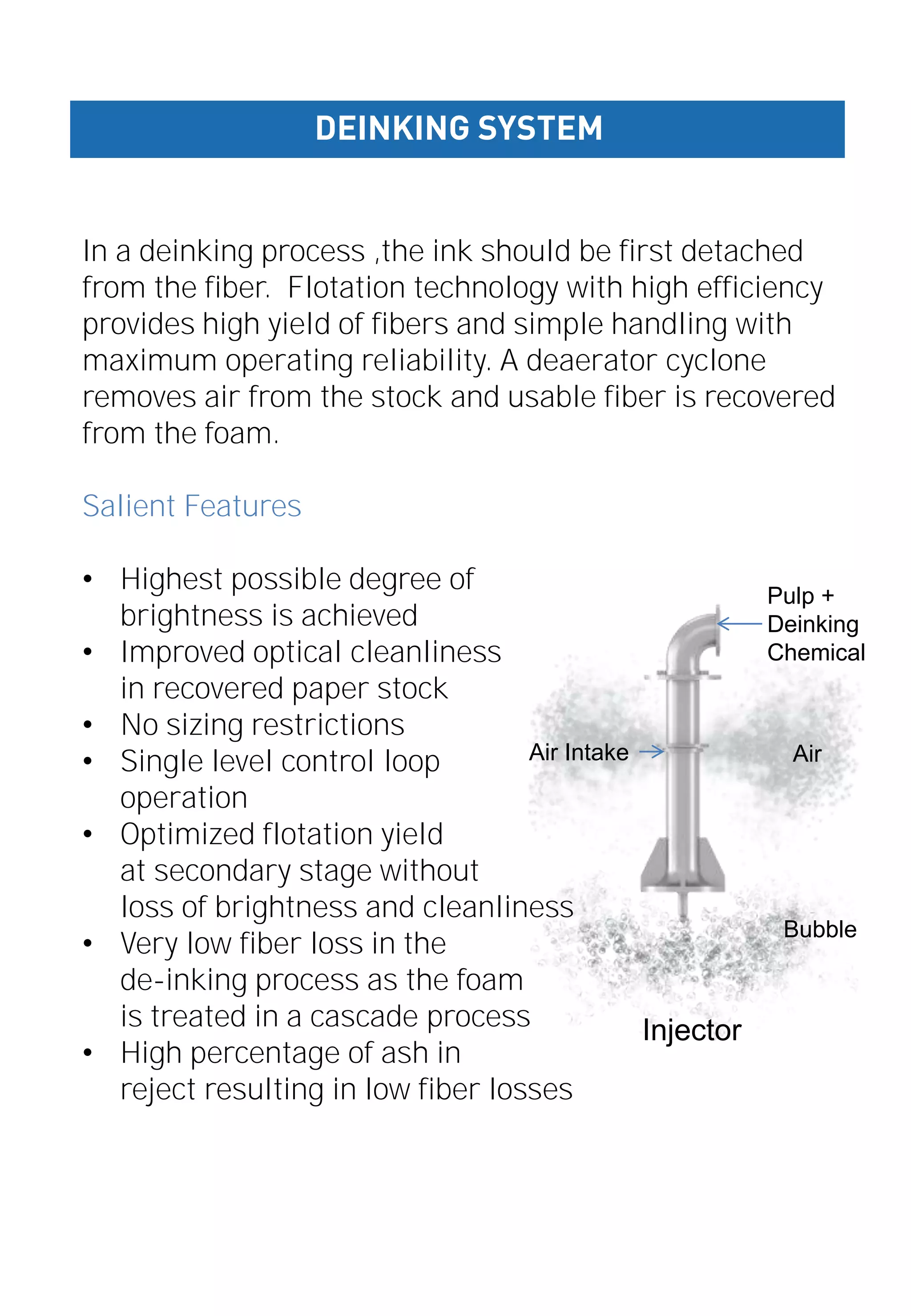 In a deinking process ,the ink should be first detached
from the fiber. Flotation technology with high efficiency
provides high yield of fibers and simple handling with
maximum operating reliability. A deaerator cyclone
removes air from the stock and usable fiber is recovered
from the foam.
Salient Features
• Highest possible degree of
brightness is achieved
• Improved optical cleanliness
in recovered paper stock
• No sizing restrictions
• Single level control loop
operation
• Optimized flotation yield
at secondary stage without
loss of brightness and cleanliness
• Very low fiber loss in the
de-inking process as the foam
is treated in a cascade process
• High percentage of ash in
reject resulting in low fiber losses
DEINKING SYSTEM
Injector
Bubble
AirAir Intake
Pulp +
Deinking
Chemical