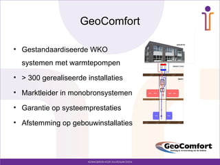 GeoComfort

• Gestandaardiseerde WKO
  systemen met warmtepompen
• > 300 gerealiseerde installaties

• Marktleider in monobronsystemen

• Garantie op systeemprestaties

• Afstemming op gebouwinstallaties
 
