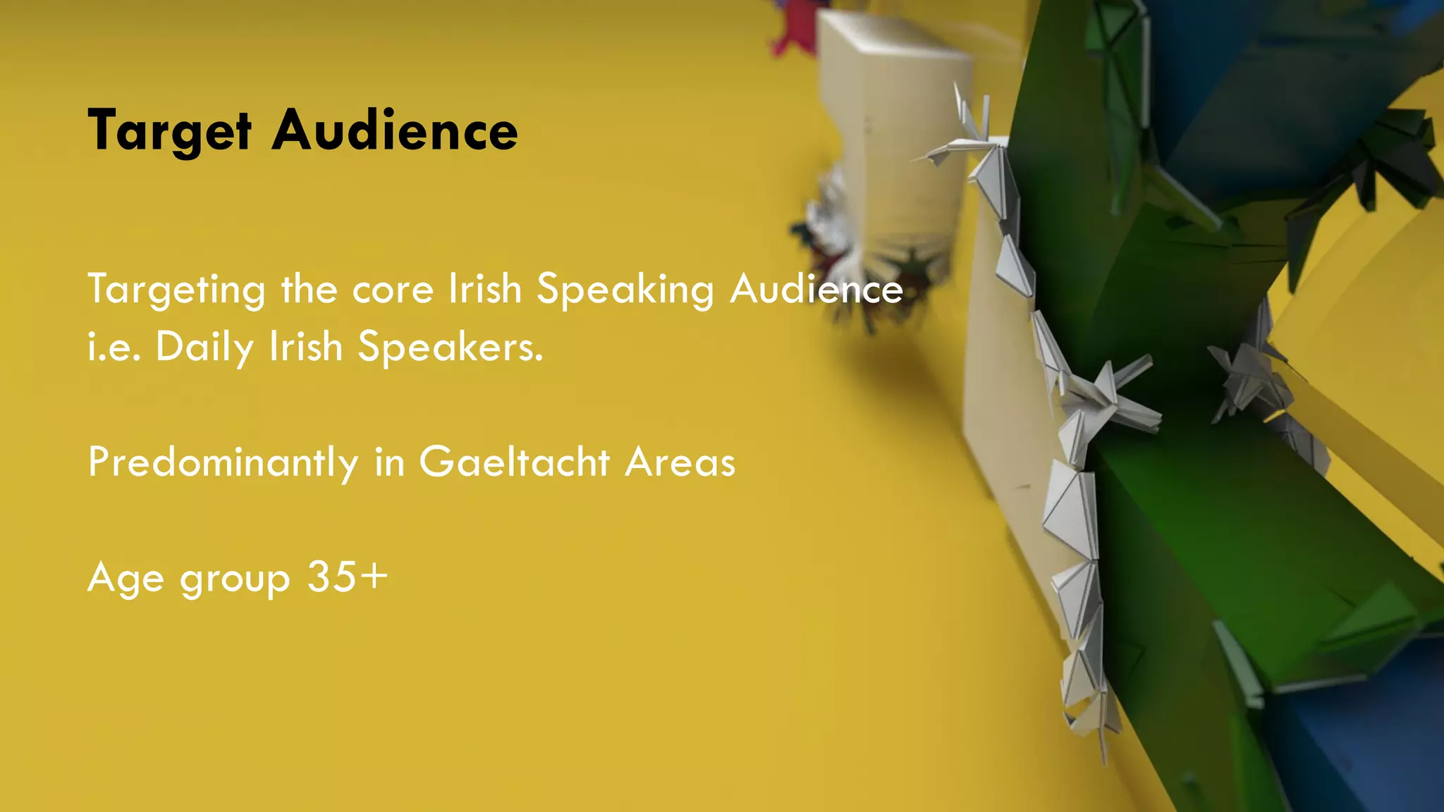 Target Audience
Targeting the core Irish Speaking Audience
i.e. Daily Irish Speakers.
Predominantly in Gaeltacht Areas
Age group 35+
 