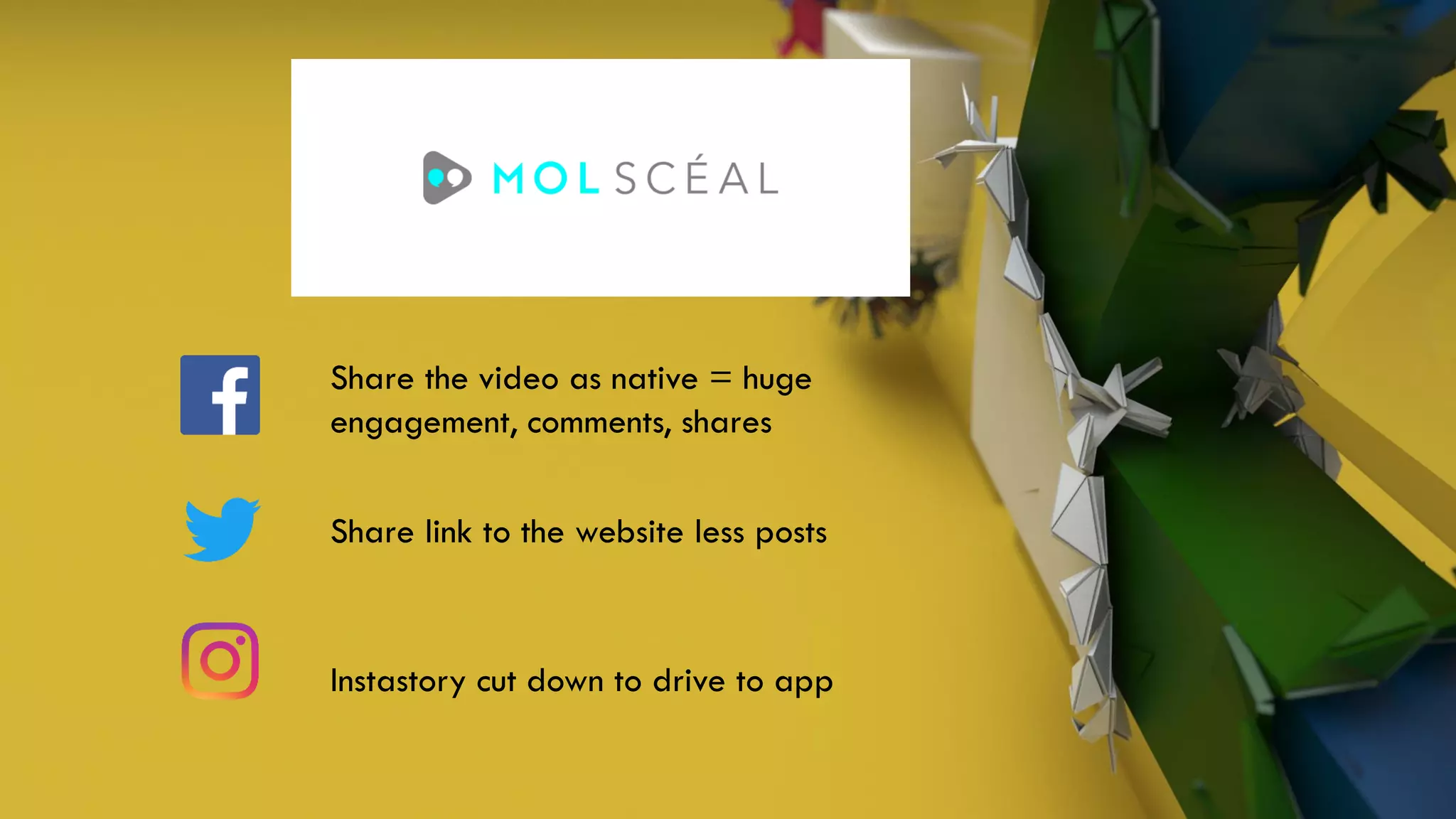 Share the video as native = huge
engagement, comments, shares
Share link to the website less posts
Instastory cut down to drive to app
 