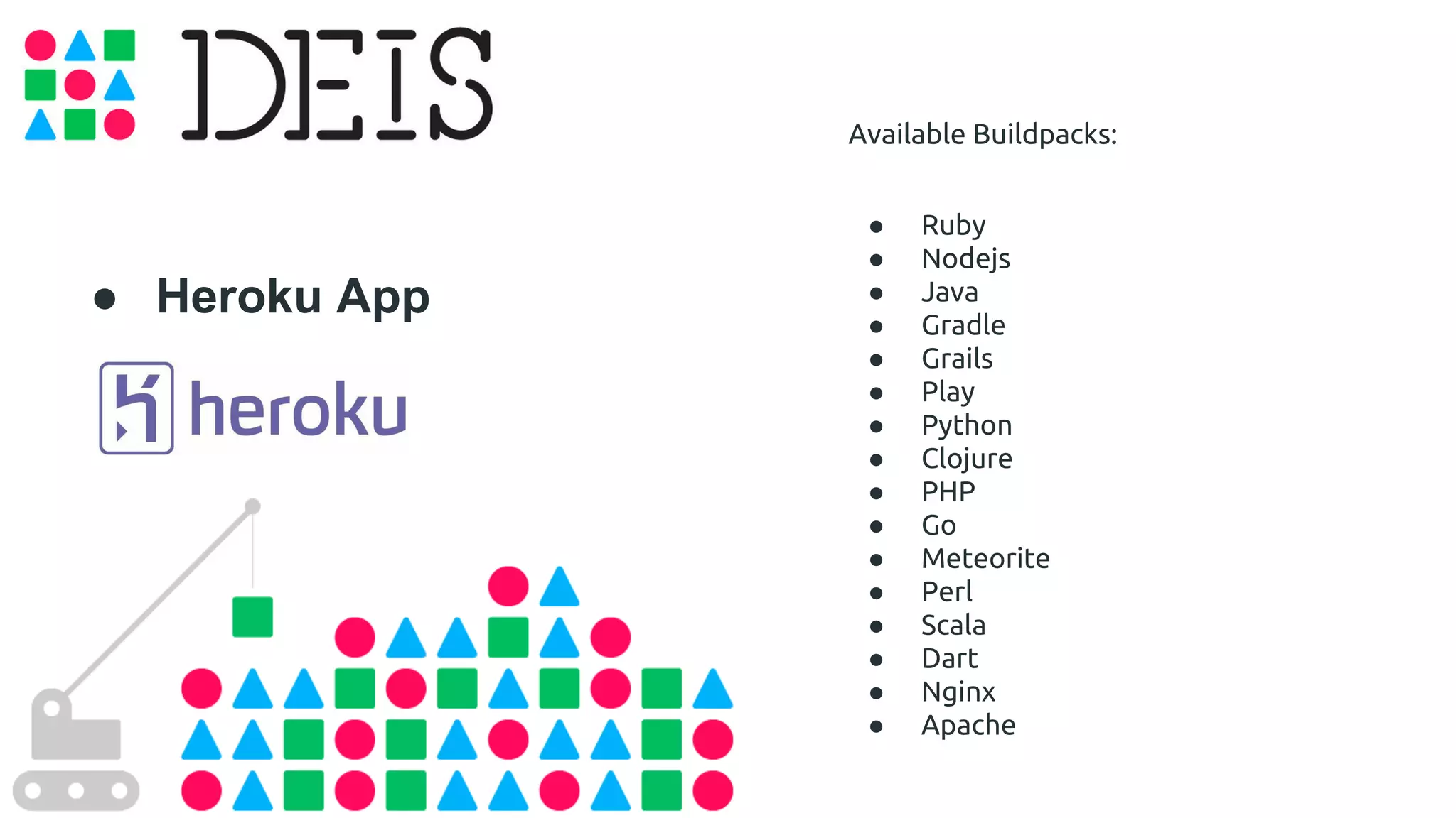 ● Heroku App 
Available Buildpacks: 
● Ruby 
● Nodejs 
● Java 
● Gradle 
● Grails 
● Play 
● Python 
● Clojure 
● PHP 
● Go 
● Meteorite 
● Perl 
● Scala 
● Dart 
● Nginx 
● Apache 
 